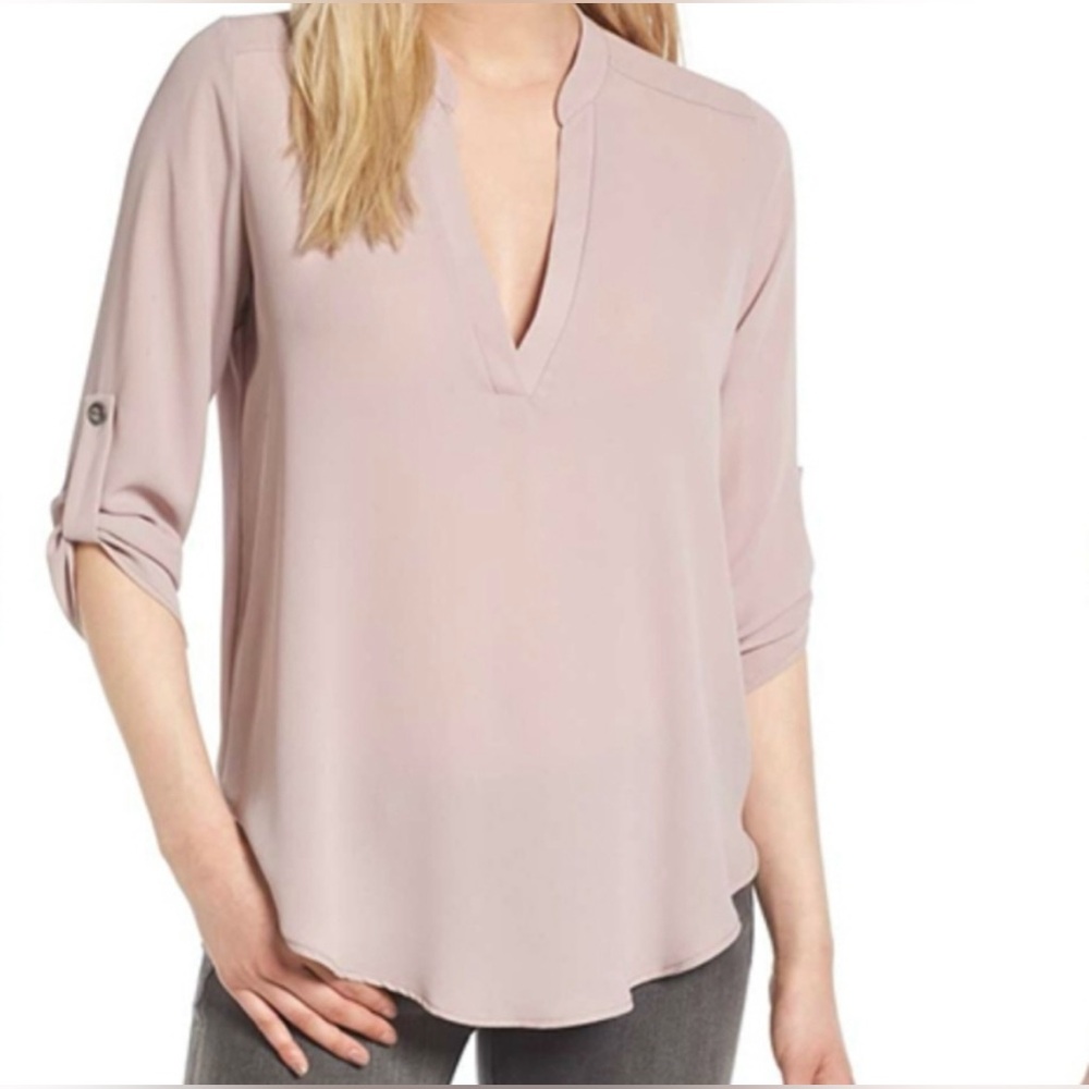 LUSH V-Neck Blouse with Roll Up Sleeves